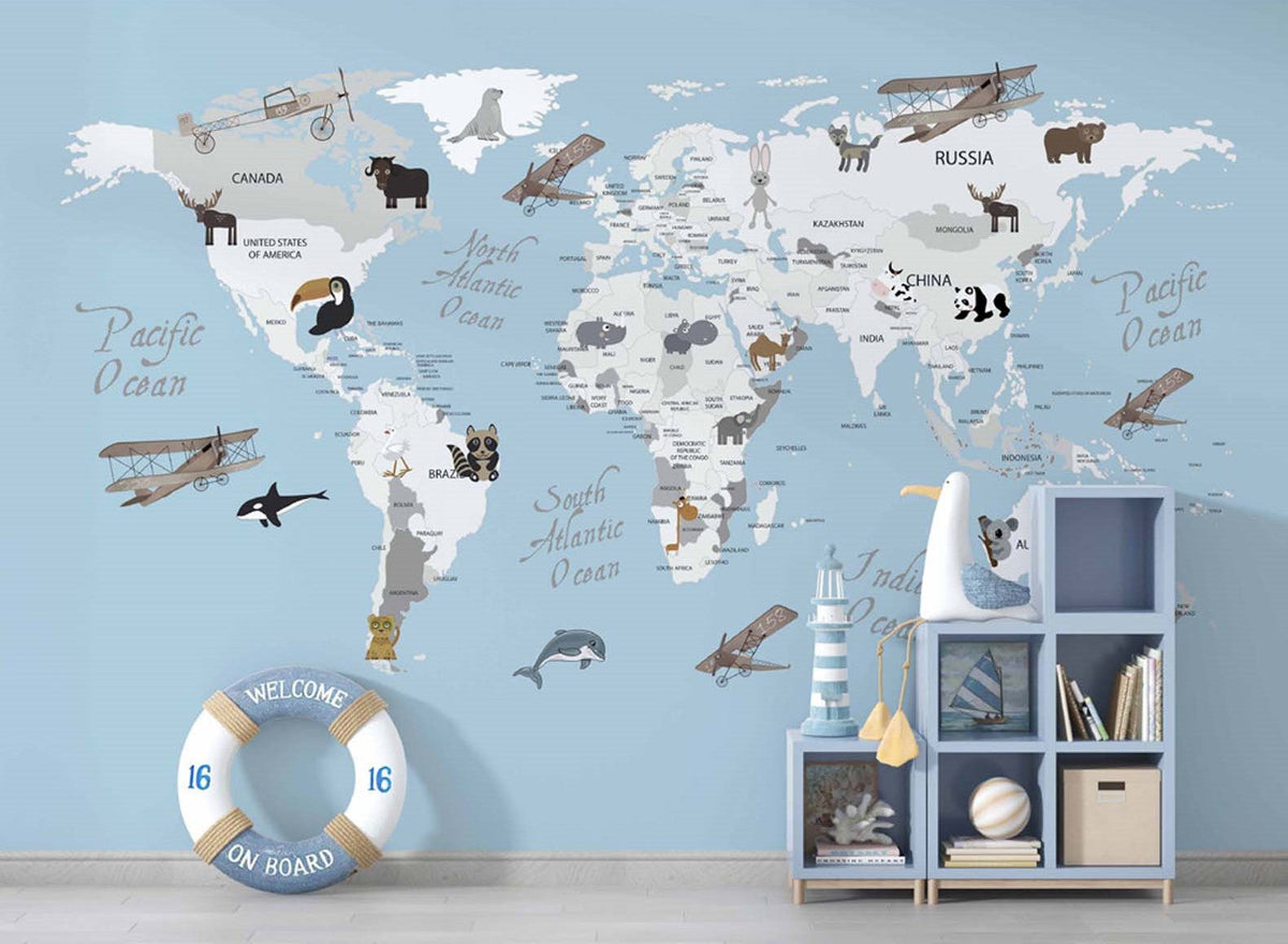 Tapet Personalizat Micii Exploratori cu harta lumii pentru copii cu animale si continente able - WHITE CONTINENTS