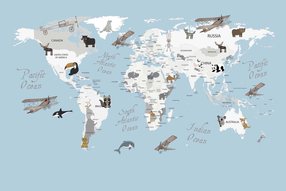 Tapet Personalizat Micii Exploratori cu harta lumii pentru copii cu animale si continente able - WHITE CONTINENTS