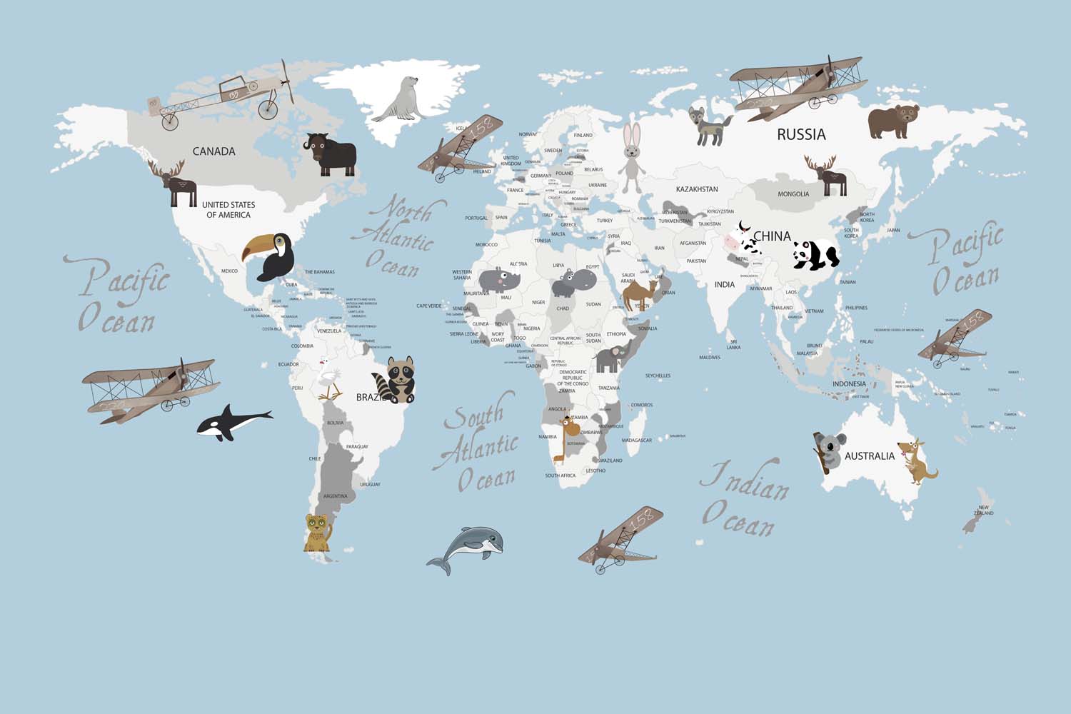 Tapet Personalizat Micii Exploratori cu harta lumii pentru copii cu animale si continente able - WHITE CONTINENTS