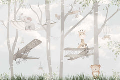 Tapet Personalizat Micii Exploratori cu avioane si animale in padure - FLYING LOW