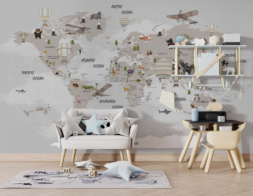 Tapet Personalizat Micii Exploratori cu harta lumii pentru copii in nuante de bej-gri - GREY ROUND MAP