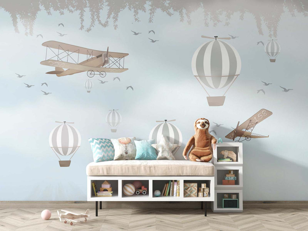 Tapet Personalizat Micii Exploratori cu avioane, baloane cu aer cald si cer senin  - DUSTY BLUE SKY