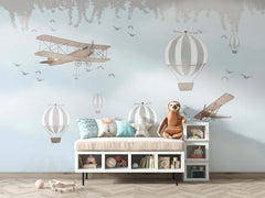 Tapet Personalizat Micii Exploratori cu avioane, baloane cu aer cald si cer senin  - DUSTY BLUE SKY