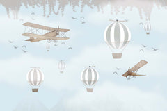 Tapet Personalizat Micii Exploratori cu avioane, baloane cu aer cald si cer senin  - DUSTY BLUE SKY