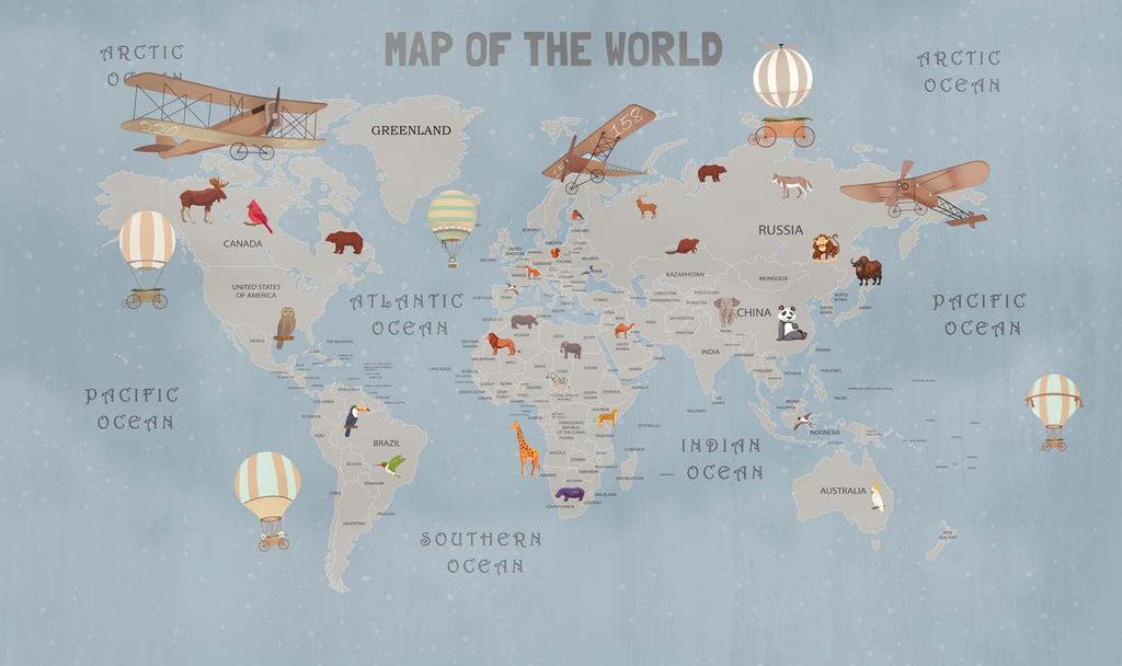 Tapet Personalizat Micii Exploratori cu harta lumii pentru copii si continente gri - DARK BLUE WORLD'S MAP
