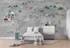 Tapet Personalizat Micii Exploratori cu harta lumii pentru copii cu munti in nuante de gri - GREY MOUNTAINS MAP