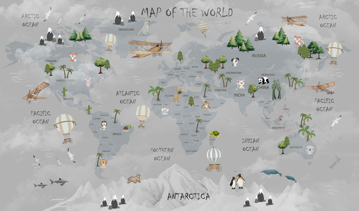 Tapet Personalizat Micii Exploratori cu harta lumii pentru copii cu munti in nuante de gri - GREY MOUNTAINS MAP