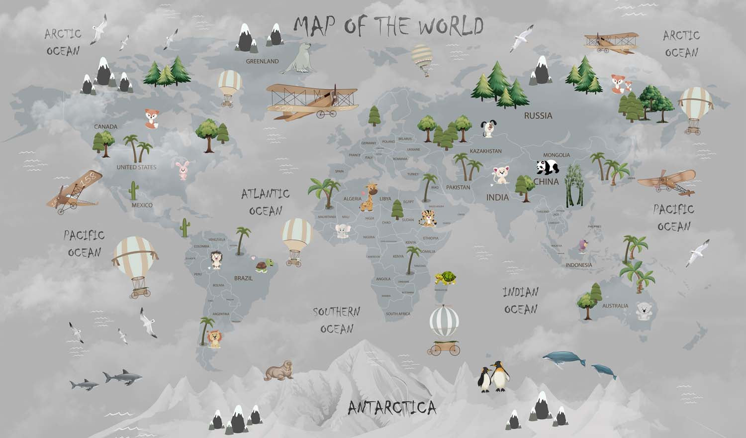 Tapet Personalizat Micii Exploratori cu harta lumii pentru copii cu munti in nuante de gri - GREY MOUNTAINS MAP