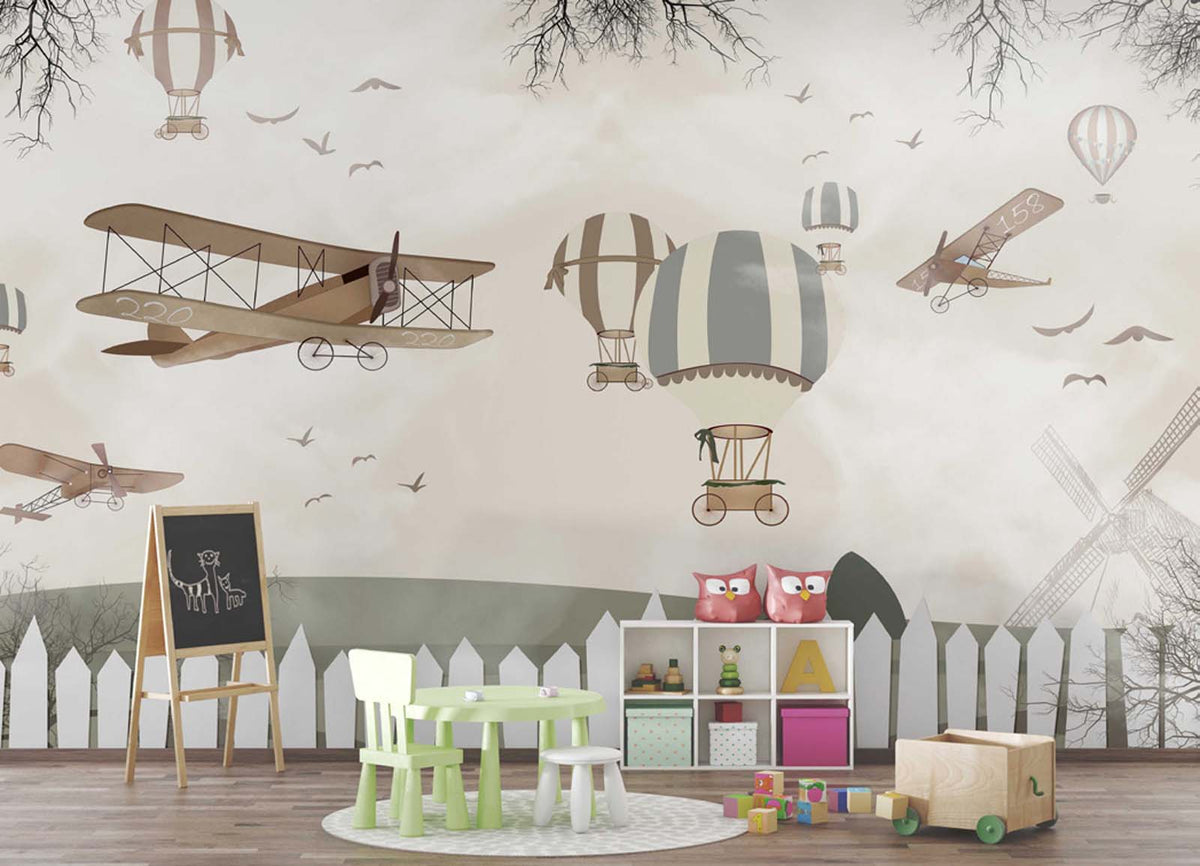 Tapet Personalizat Micii Exploratori cu cu avioane si baloane cu aer cald in gradina - FLYING COUNTRYSIDE