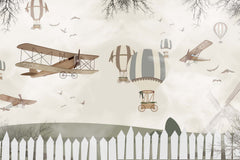 Tapet Personalizat Micii Exploratori cu cu avioane si baloane cu aer cald in gradina - FLYING COUNTRYSIDE