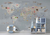 Tapet Personalizat Micii Exploratori cu harta detaliata a lumii pentru copii in nuante de gri - GREY DETAILED MAP
