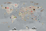 Tapet Personalizat Micii Exploratori cu harta detaliata a lumii pentru copii in nuante de gri - GREY DETAILED MAP