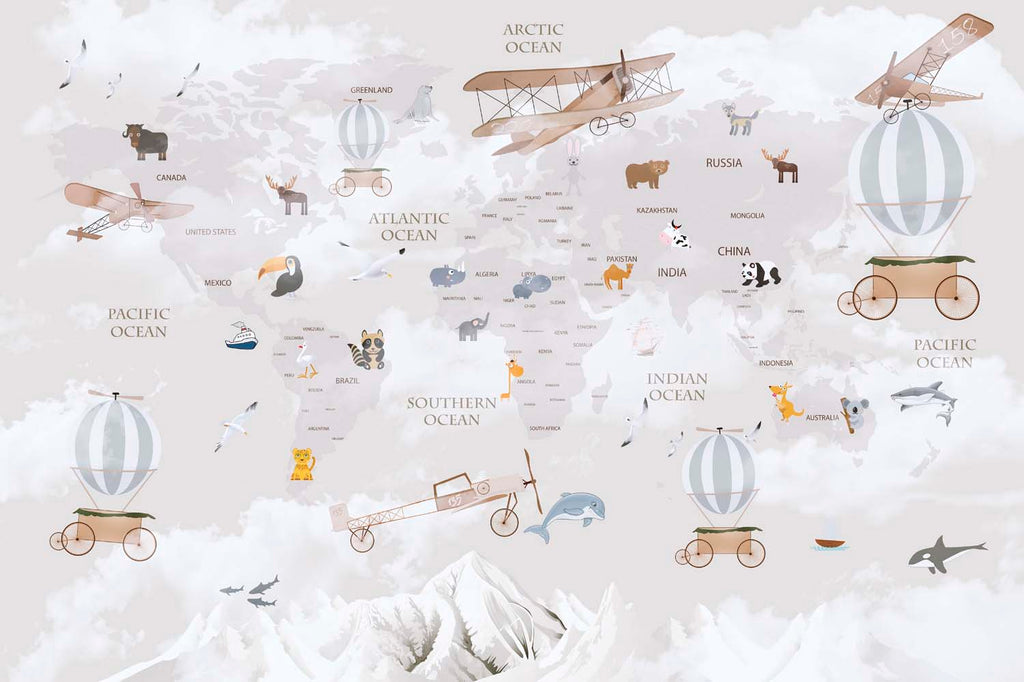 Tapet Personalizat Micii Exploratori cu harta lumii pentru copii cu munti in nuante de roz - LIGHT PINK MOUNTAIN MAP