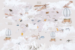 Tapet Personalizat Micii Exploratori cu harta lumii pentru copii cu munti in nuante de roz - LIGHT PINK MOUNTAIN MAP