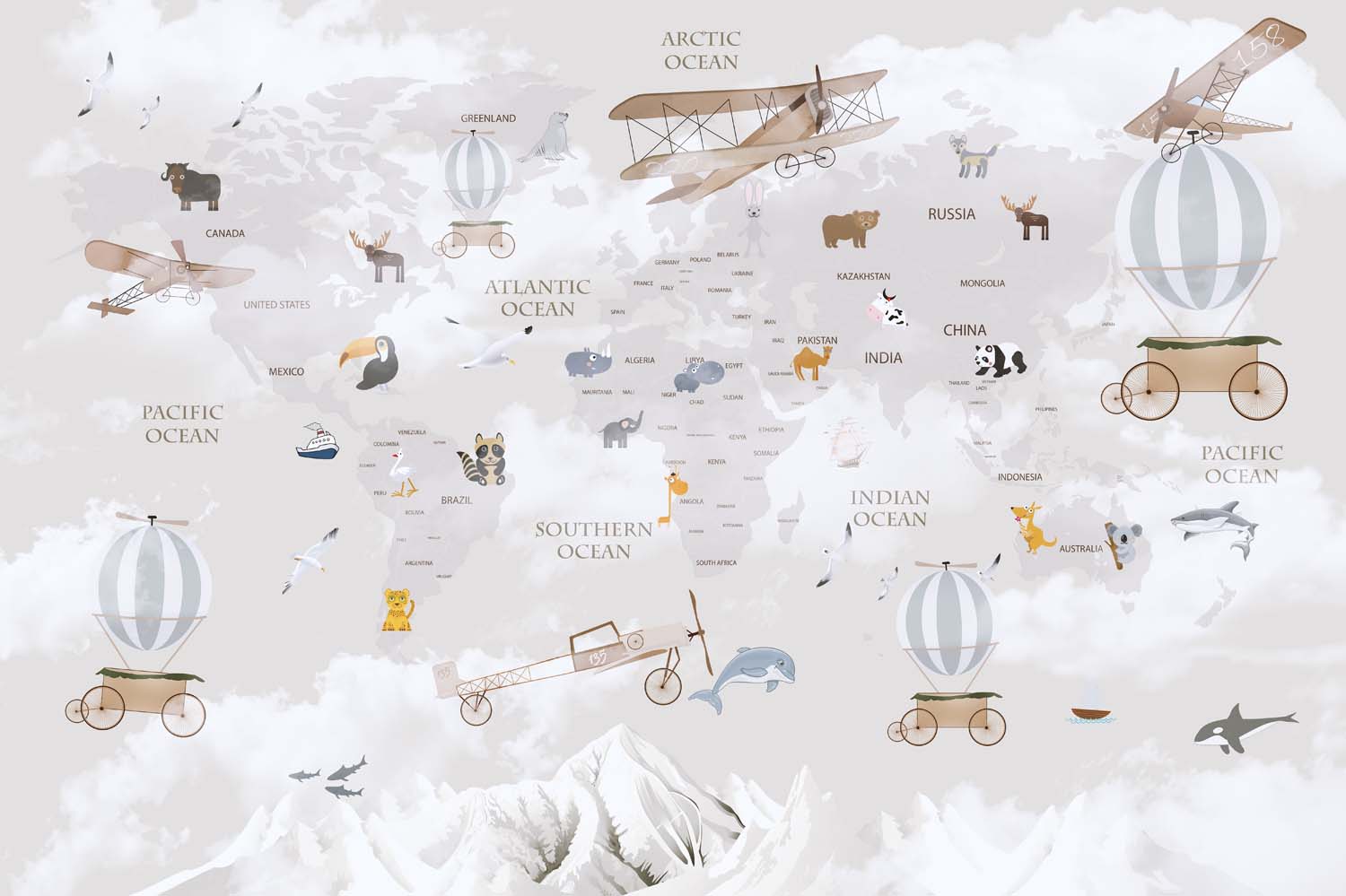 Tapet Personalizat Micii Exploratori cu harta lumii pentru copii cu munti in nuante de roz - LIGHT PINK MOUNTAIN MAP