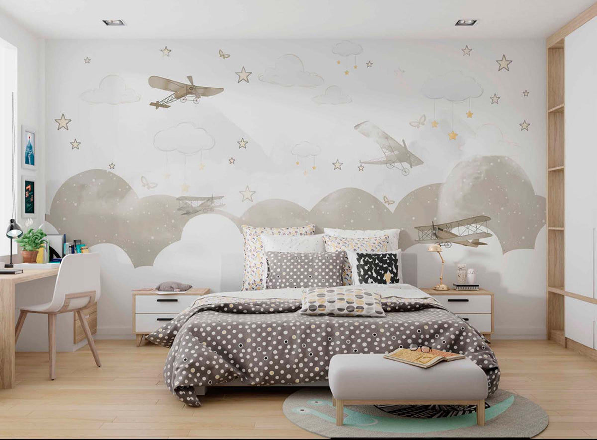Tapet Personalizat Micii Exploratori cu avioane zburand peste norii bej - LIGHT BEIGE FLYING PLANES