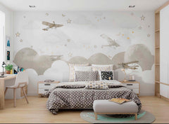 Tapet Personalizat Micii Exploratori cu avioane zburand peste norii bej - LIGHT BEIGE FLYING PLANES