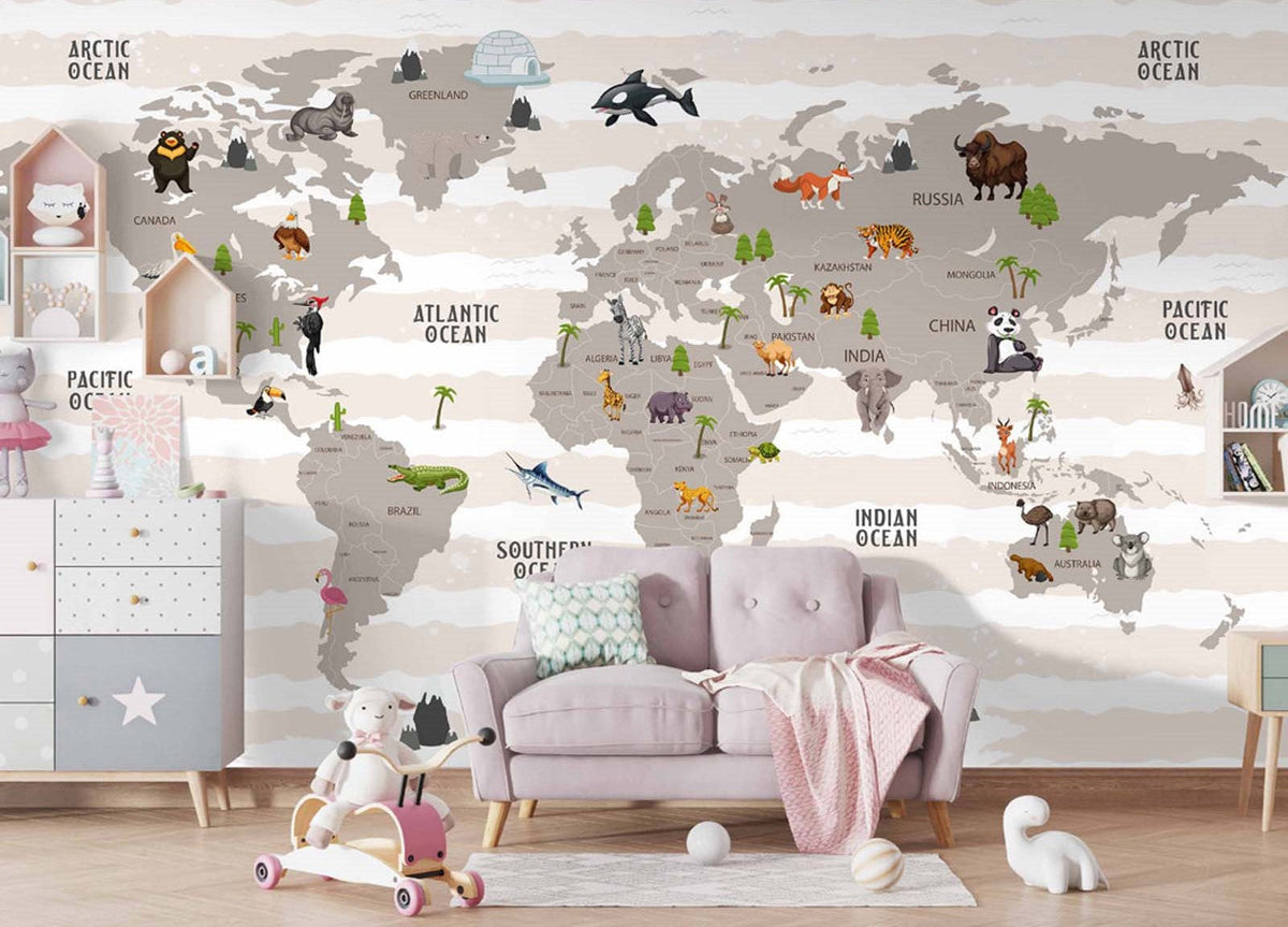 Tapet Personalizat Micii Exploratori cu harta lumii pentru copii pe un fundal cu dungi crem - WAVY STRIPES MAP