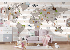 Tapet Personalizat Micii Exploratori cu harta lumii pentru copii pe un fundal cu dungi crem - WAVY STRIPES MAP