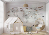 Tapet Personalizat Micii Exploratori cu harta lumii pentru copii cu animale si avioane in nuante de gri deschis - LIGHT GREY CONTINENTS