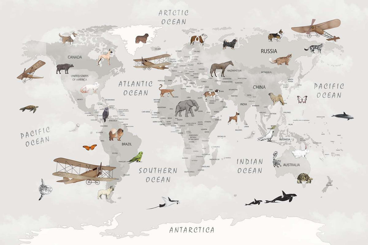 Tapet Personalizat Micii Exploratori cu harta lumii pentru copii cu animale si avioane in nuante de gri deschis - LIGHT GREY CONTINENTS