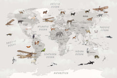 Tapet Personalizat Micii Exploratori cu harta lumii pentru copii cu animale si avioane in nuante de gri deschis - LIGHT GREY CONTINENTS