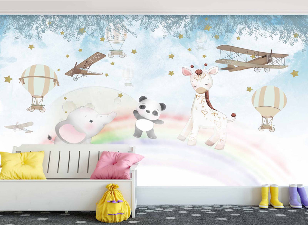 Tapet Personalizat Micii Exploratori cu animalute peste curcubeu si avioane - GREETING RAINBOW