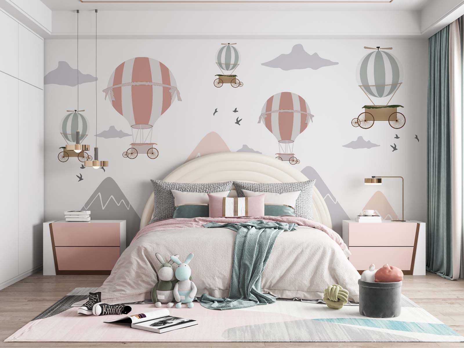 Tapet Personalizat Micii Exploratori cu munti si baloane cu aer cald pastel - PASTEL BALLOONS & MOUNTAINS
