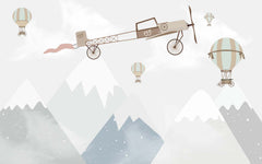Tapet Personalizat Micii Exploratori cu munti, avioane si baloane cu aer cald - SNOWY FLIGHT