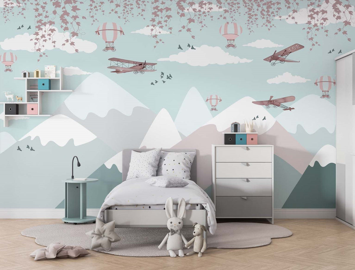 Tapet Personalizat Micii Exploratori cu avioane peste muntii cu zapada - SNOW & PLANES