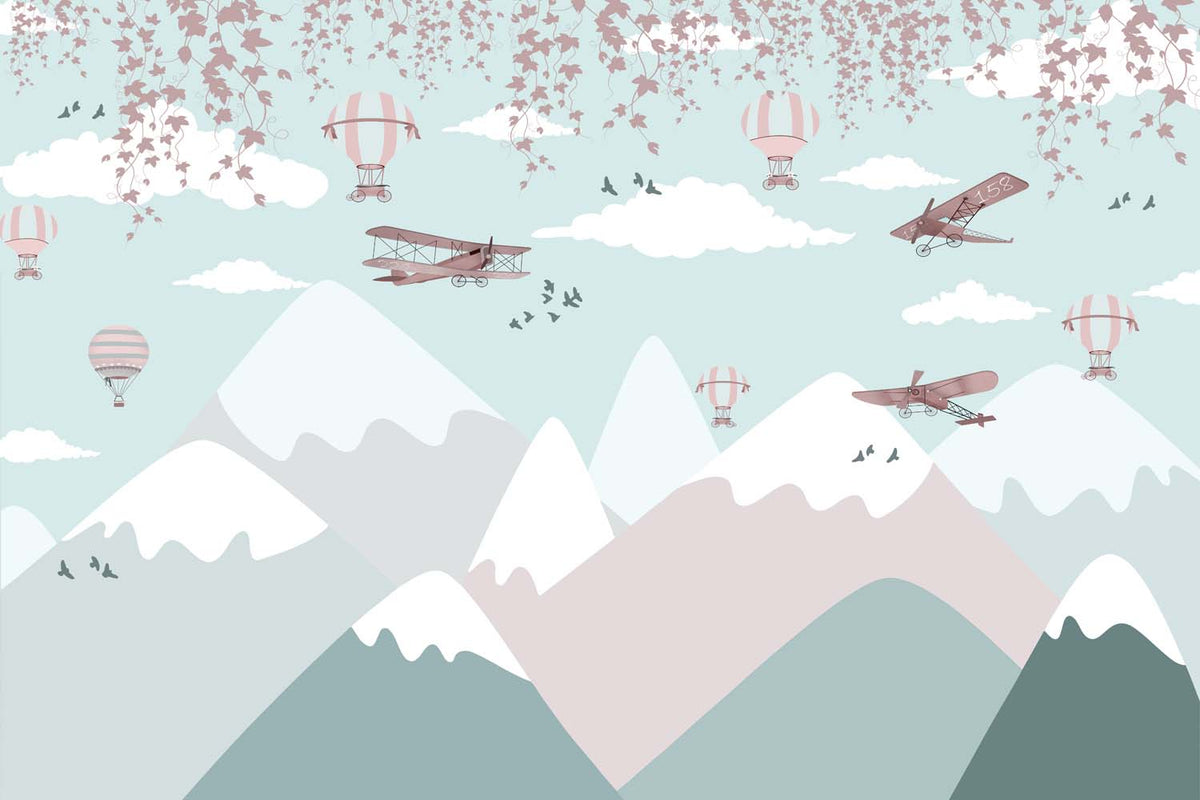 Tapet Personalizat Micii Exploratori cu avioane peste muntii cu zapada - SNOW & PLANES