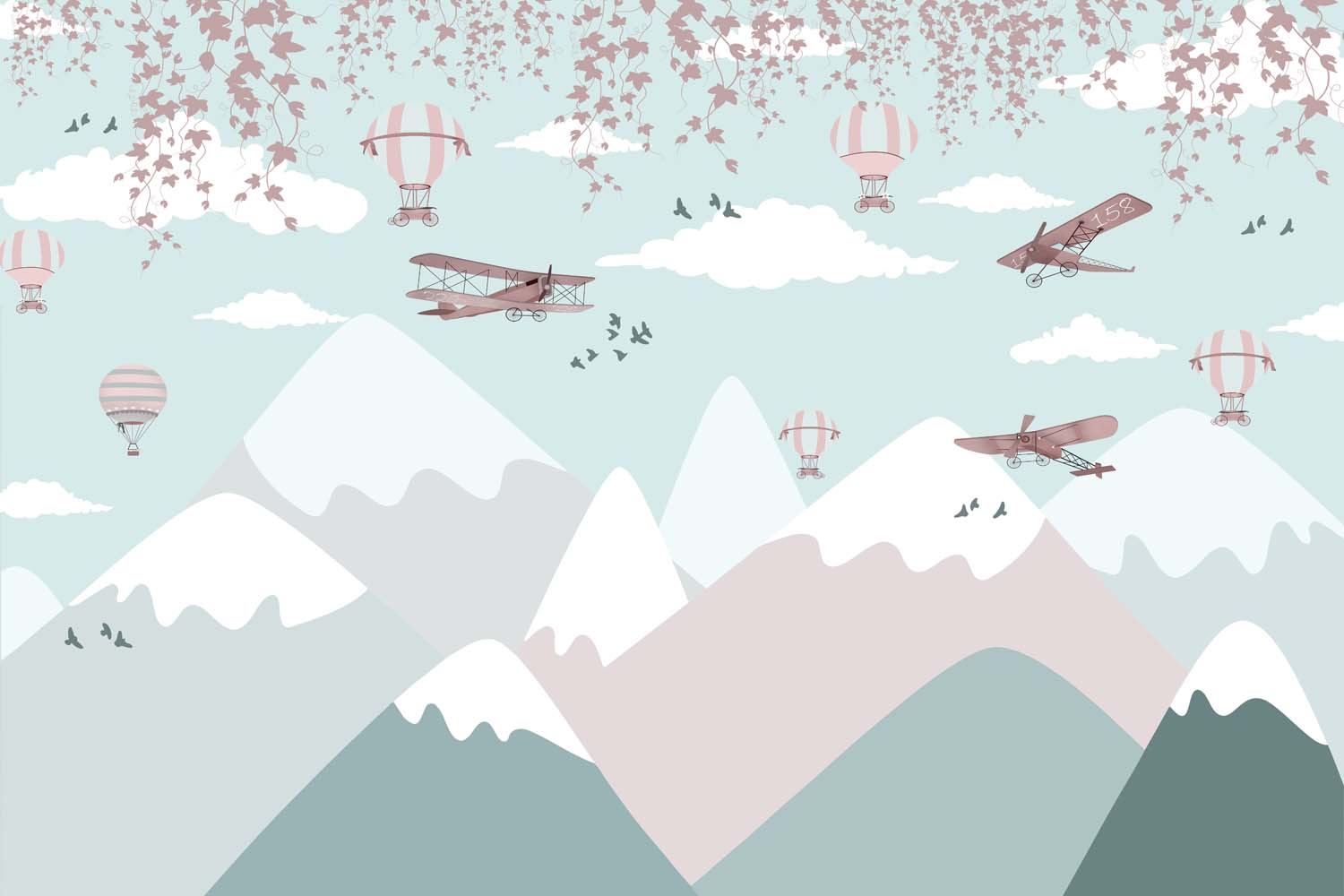 Tapet Personalizat Micii Exploratori cu avioane peste muntii cu zapada - SNOW & PLANES