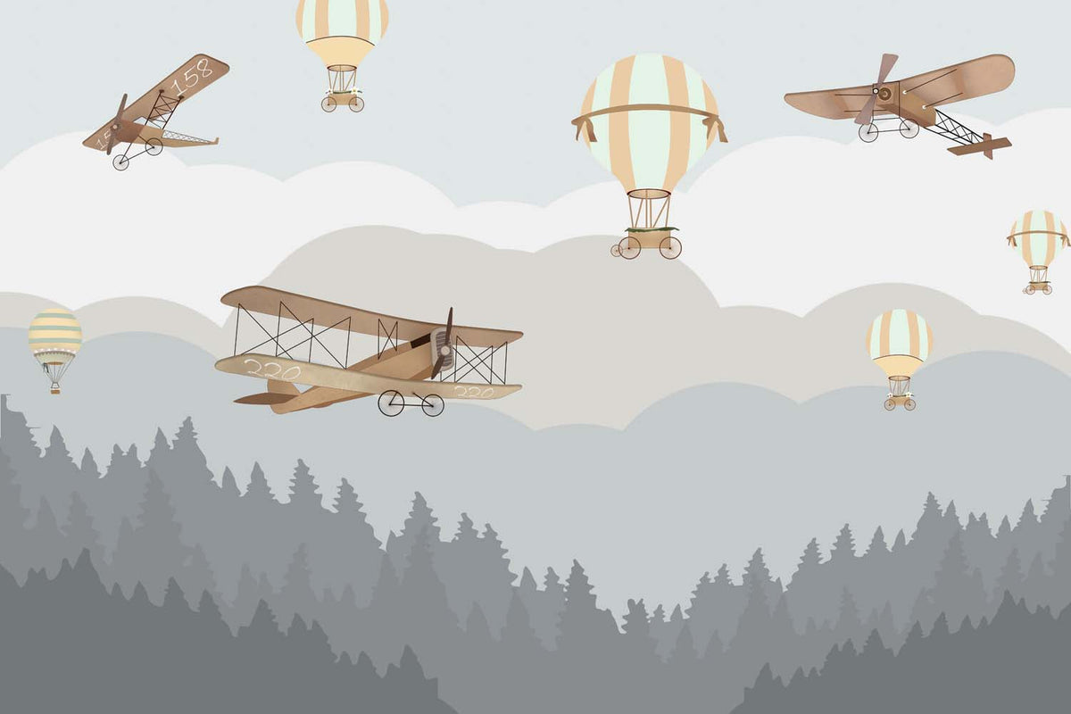 Tapet Personalizat Micii Exploratori cu avioane zburand peste padure de brazi - FLY OVER THE FOREST