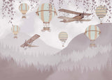 Tapet Personalizat Micii Exploratori cu avioane si baloane cu aer cald in padurea de brazi roz - PINK FOREST FLIGHT