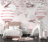 Tapet Personalizat Micii Exploratori cu avioane si baloane cu aer cald roz - PINK BIRDS BALLOONS