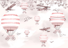 Tapet Personalizat Micii Exploratori cu avioane si baloane cu aer cald roz - PINK BIRDS BALLOONS