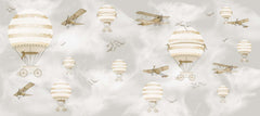 Tapet Personalizat Micii Exploratori cu avioane si baloane cu aer cald in nuante de sepia si gri - SEPIA GREY PLANES
