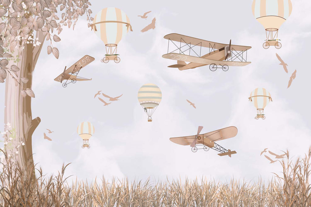 Tapet Personalizat Micii Exploratori cu avioane si baloane cu aer cald in natura - TREE FLY VIEW