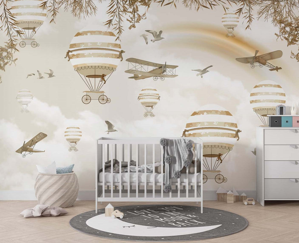 Tapet Personalizat Micii Exploratori cu baloane cu aer cald, avioane si pasari peste curcubeu in nuante sepia - SEPIA RAINBOW BALLOONS