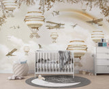 Tapet Personalizat Micii Exploratori cu baloane cu aer cald, avioane si pasari peste curcubeu in nuante sepia - SEPIA RAINBOW BALLOONS