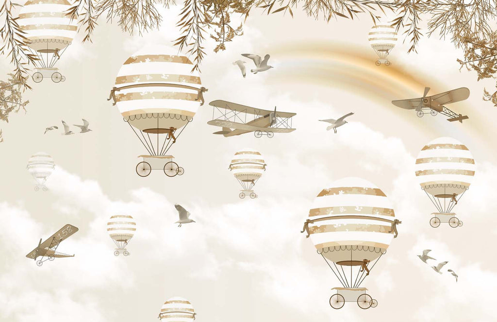 Tapet Personalizat Micii Exploratori cu baloane cu aer cald, avioane si pasari peste curcubeu in nuante sepia - SEPIA RAINBOW BALLOONS