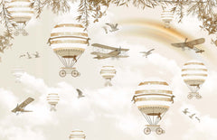 Tapet Personalizat Micii Exploratori cu baloane cu aer cald, avioane si pasari peste curcubeu in nuante sepia - SEPIA RAINBOW BALLOONS