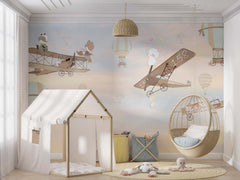 Tapet Personalizat Micii Exploratori cu animale zburand cu avioane pe cerul la apus - SERENE SKIES FLIGHT