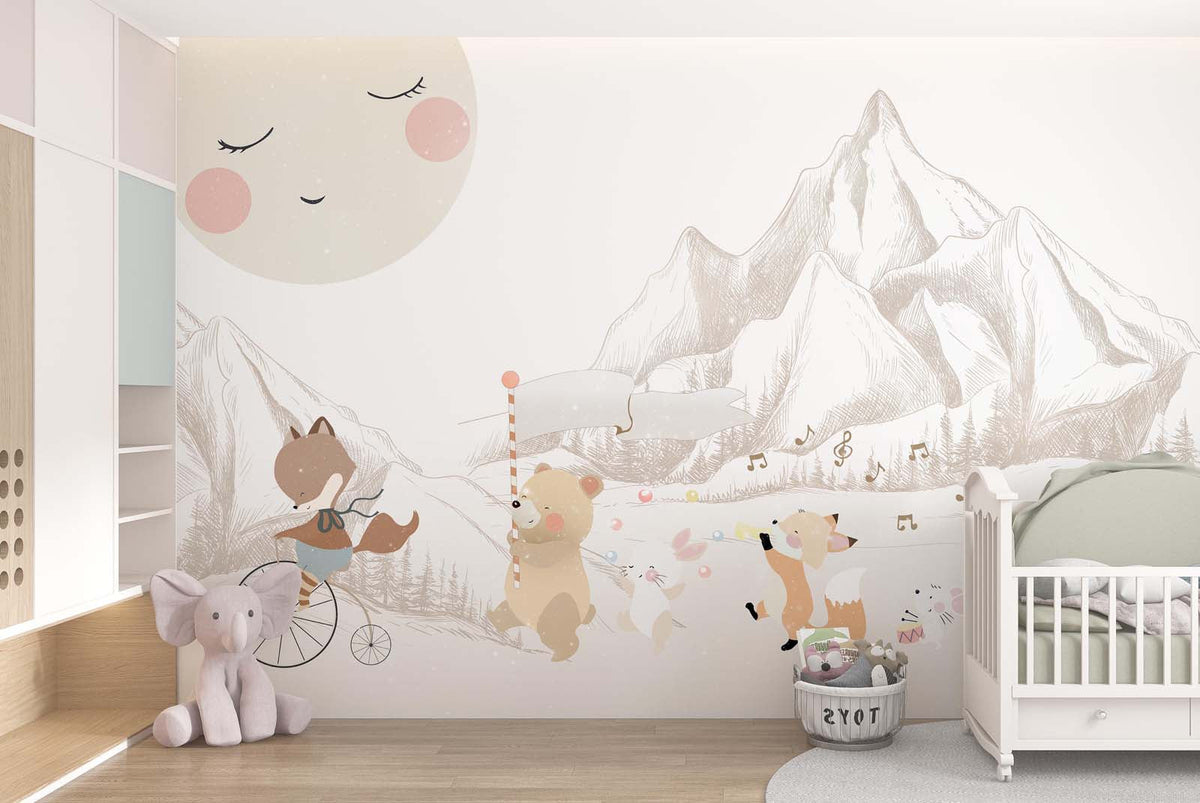 Tapet Personalizat Micii Exploratori cu animale in drumetie spre muntii bej - ANIMAL'S MOUNTAIN ADVENTURE