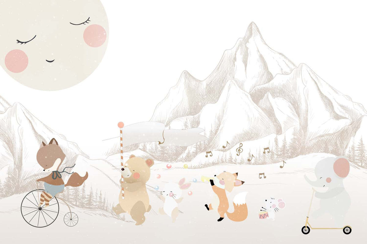 Tapet Personalizat Micii Exploratori cu animale in drumetie spre muntii bej - ANIMAL'S MOUNTAIN ADVENTURE