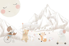 Tapet Personalizat Micii Exploratori cu animale in drumetie spre muntii bej - ANIMAL'S MOUNTAIN ADVENTURE