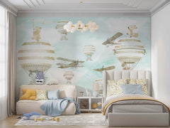 Tapet Personalizat Micii Exploratori cu avioane si baloane cu aer cald pe fundal texturat  - TEXTURED SKY BALLOONS