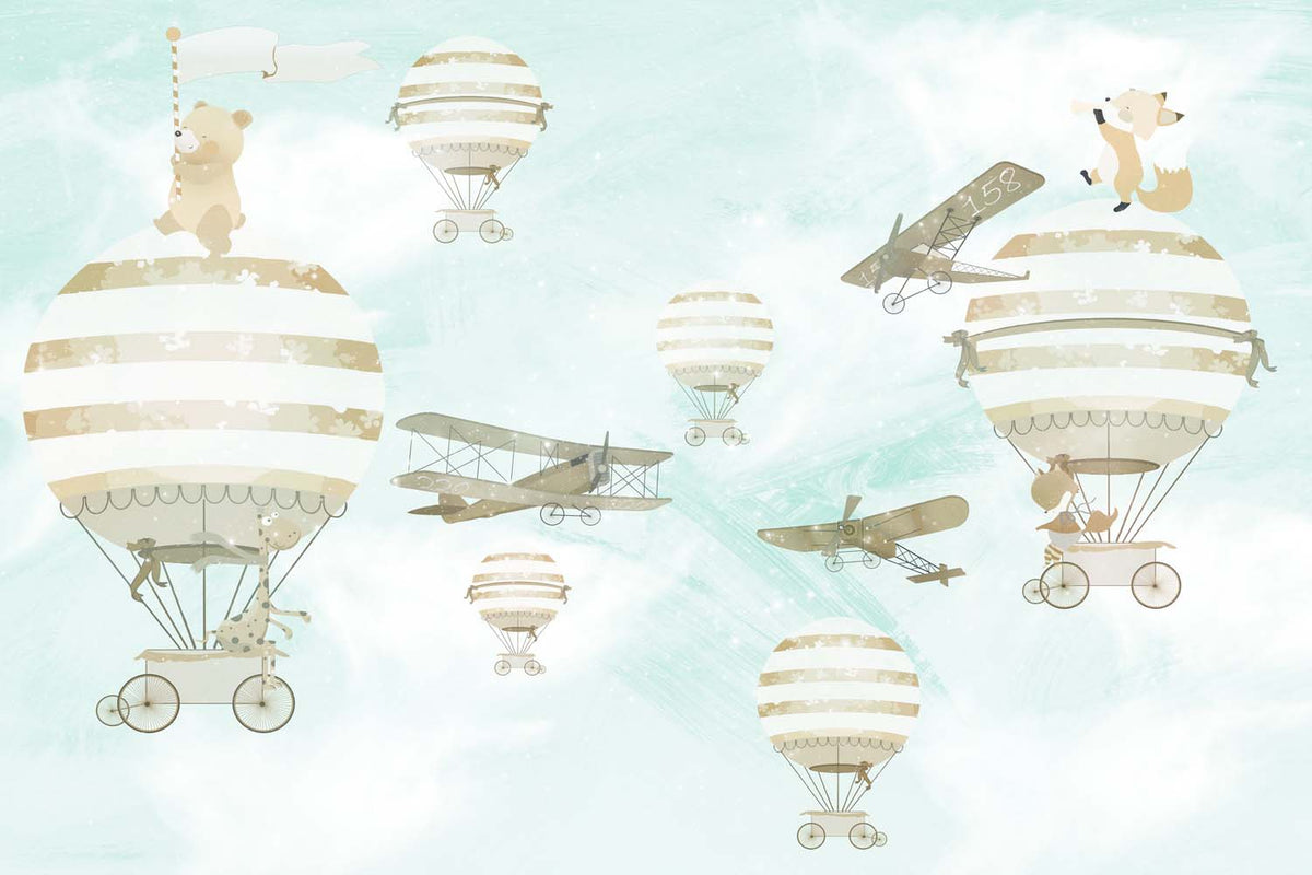 Tapet Personalizat Micii Exploratori cu avioane si baloane cu aer cald pe fundal texturat  - TEXTURED SKY BALLOONS