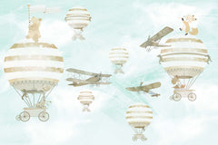 Tapet Personalizat Micii Exploratori cu avioane si baloane cu aer cald pe fundal texturat  - TEXTURED SKY BALLOONS