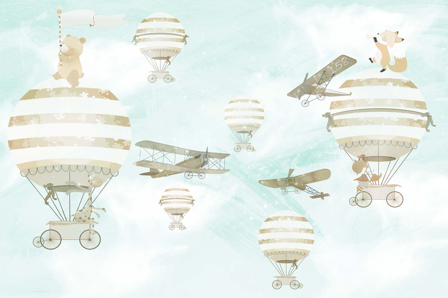 Tapet Personalizat Micii Exploratori cu avioane si baloane cu aer cald pe fundal texturat  - TEXTURED SKY BALLOONS